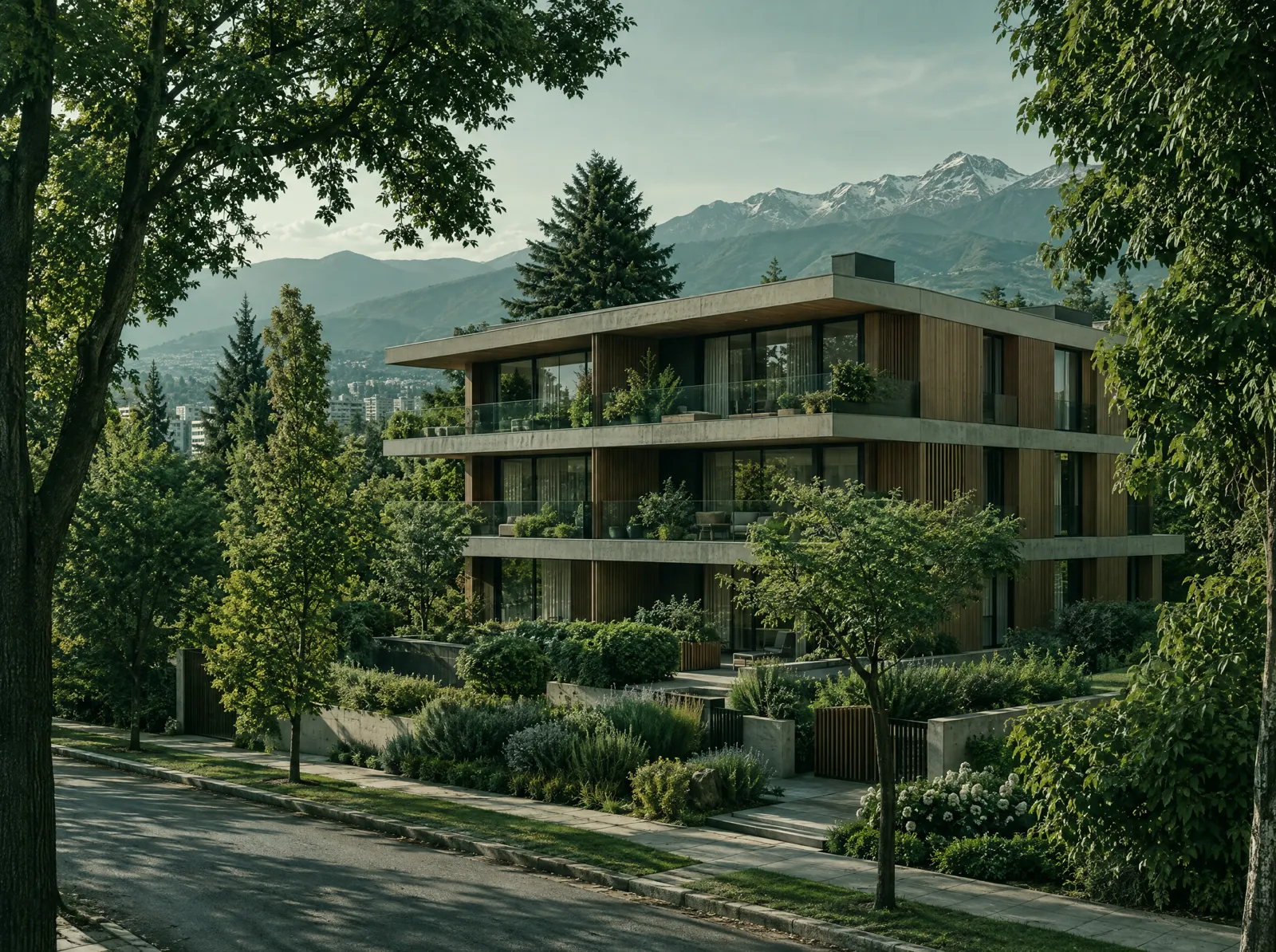 Edificio residencial moderno rodeado de área verde
